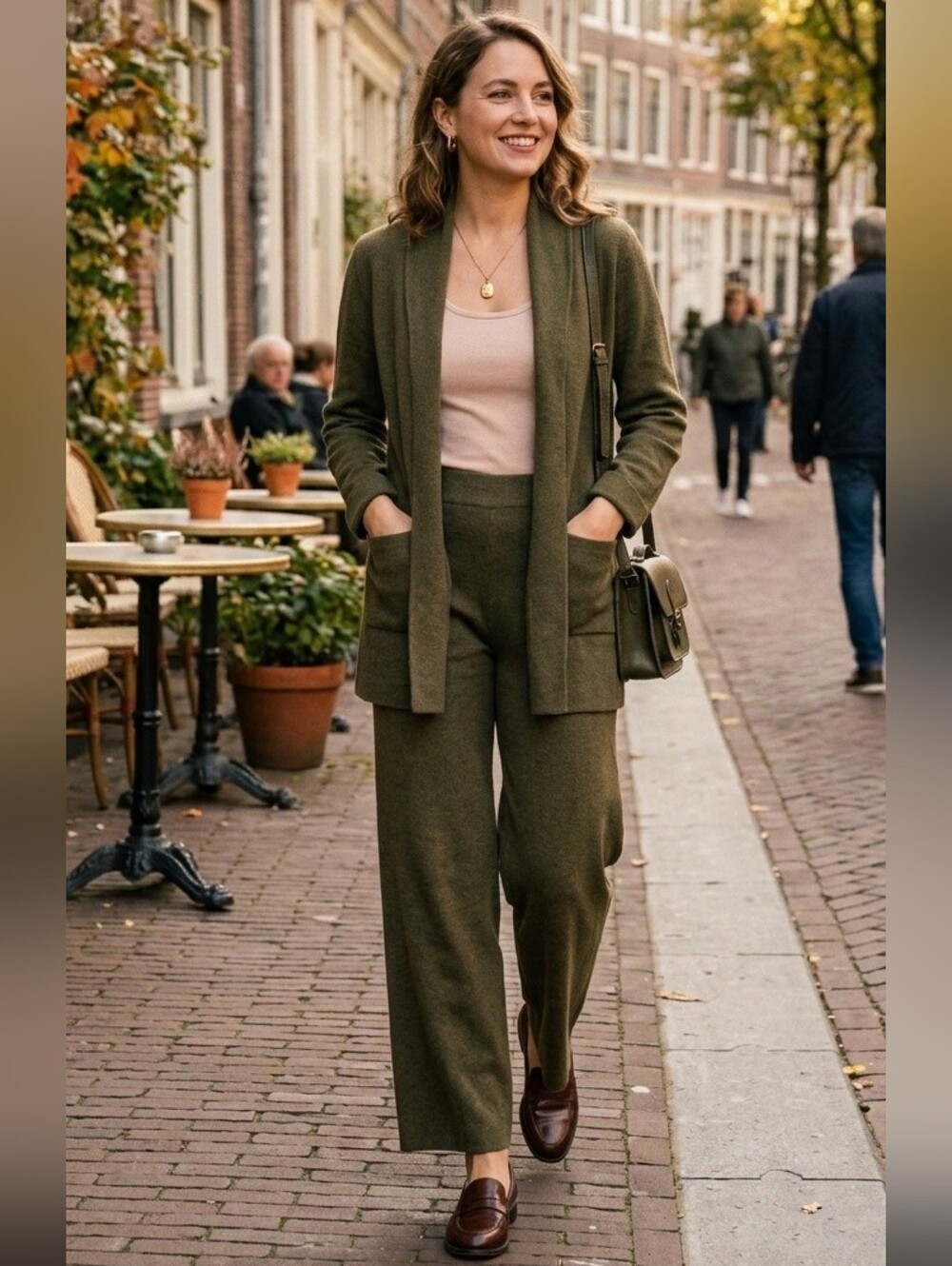 Vtg Eileen Fisher Petite Olive Green Knit Wool 2pc Sweater Pant Lounge Set PM